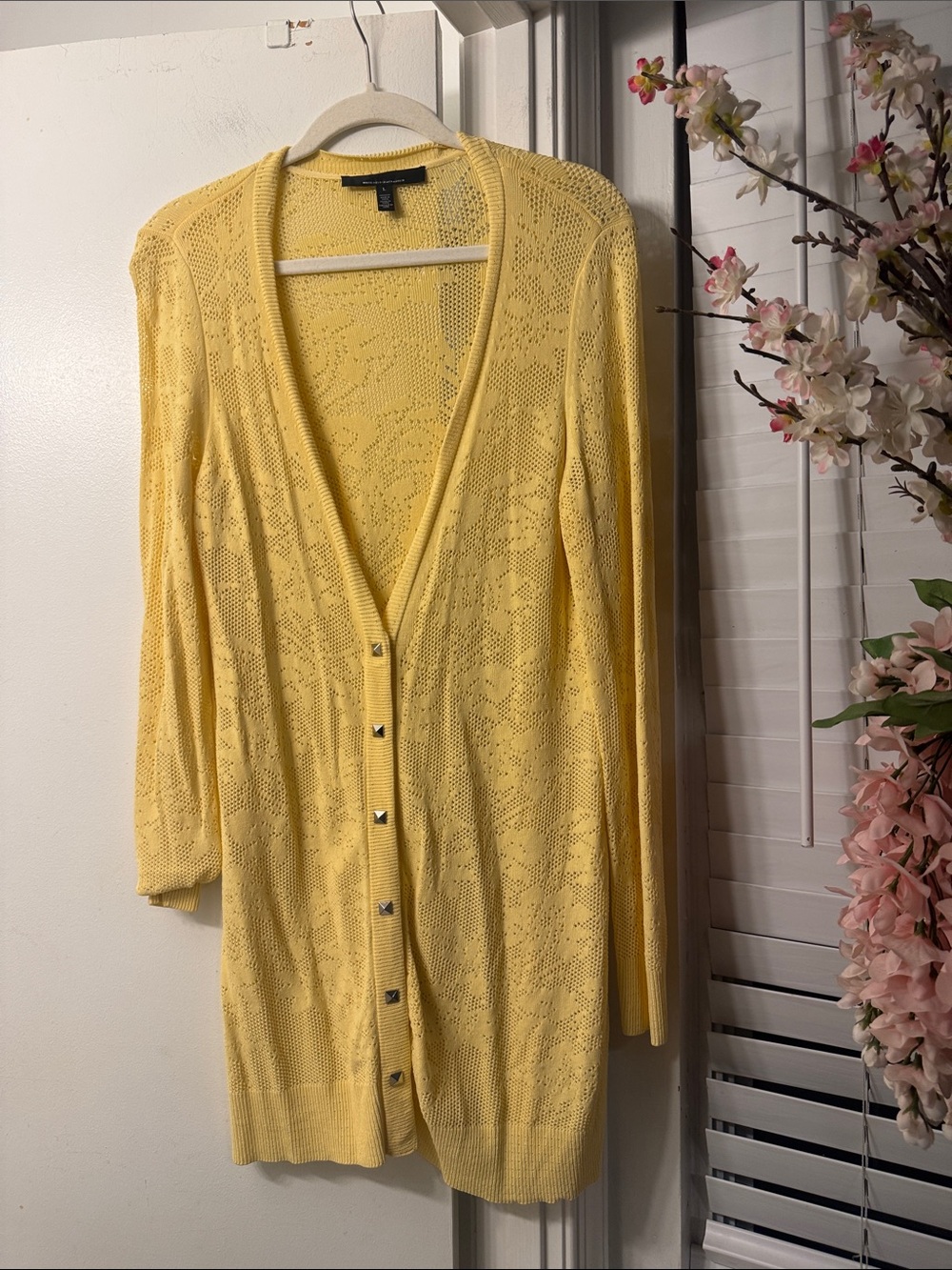 White House Black Market Yellow Openwork Button-Front Cardigan